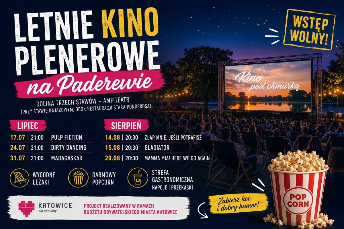 Letnie kino plenerowe w Dolinie Trzech Stawów w Katowicach – widzowie oglądają film pod gołym niebem podczas wakacyjnego seansu
